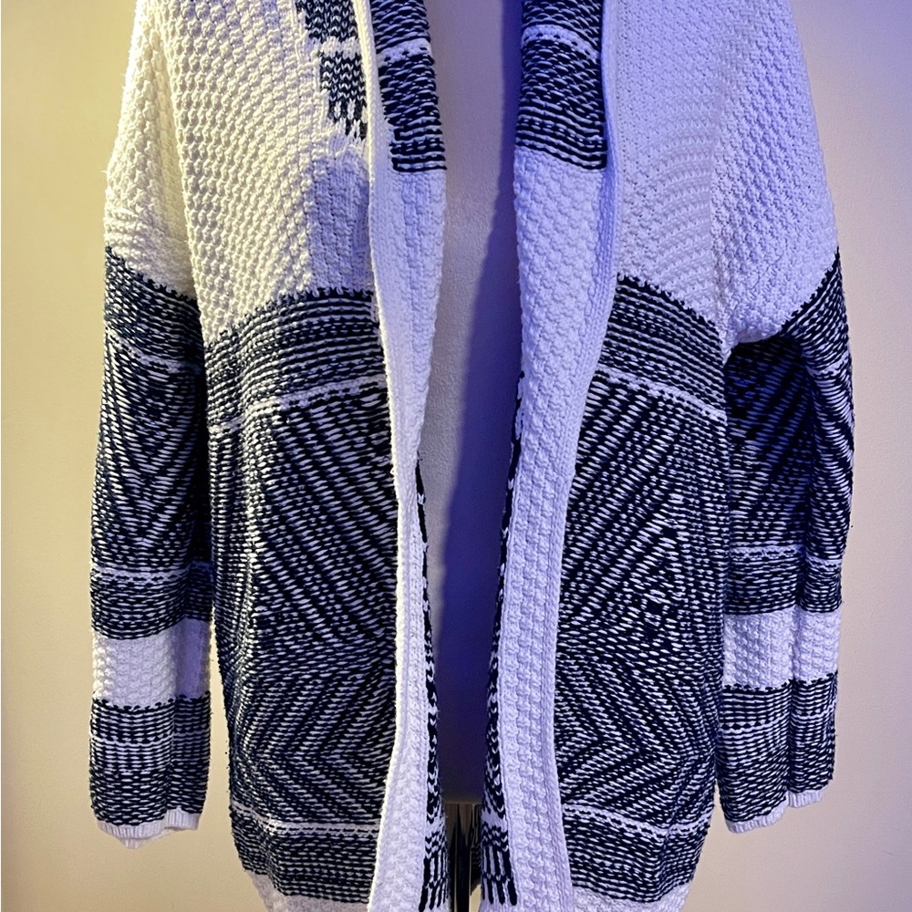 Lucky Brand Cardigan Sweater Ivory & Navy Long Open Front Duster Womens